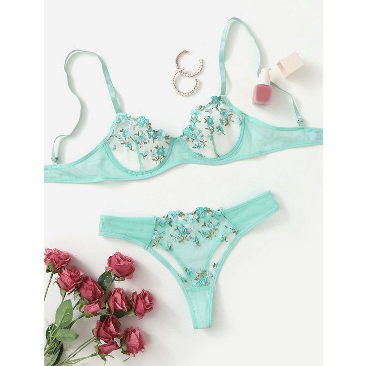 Low Waist Lace Flower Embroidery Sweet Beauty Bra Set