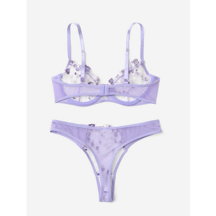 Low Waist Lace Flower Embroidery Sweet Beauty Bra Set