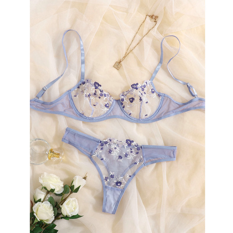Low Waist Lace Flower Embroidery Sweet Beauty Bra Set